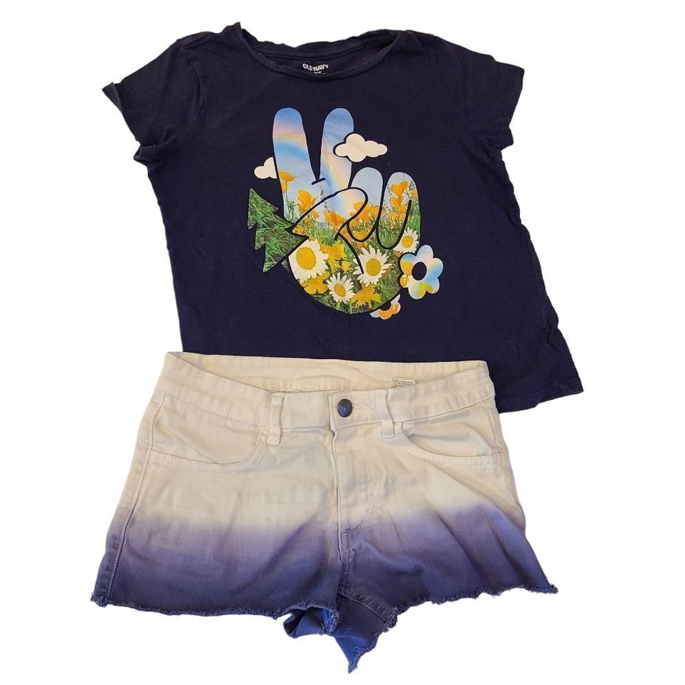 Old Navy And NY Laundry Shorts & Tee Matching Set Peace & Love Ombre sz 10-12